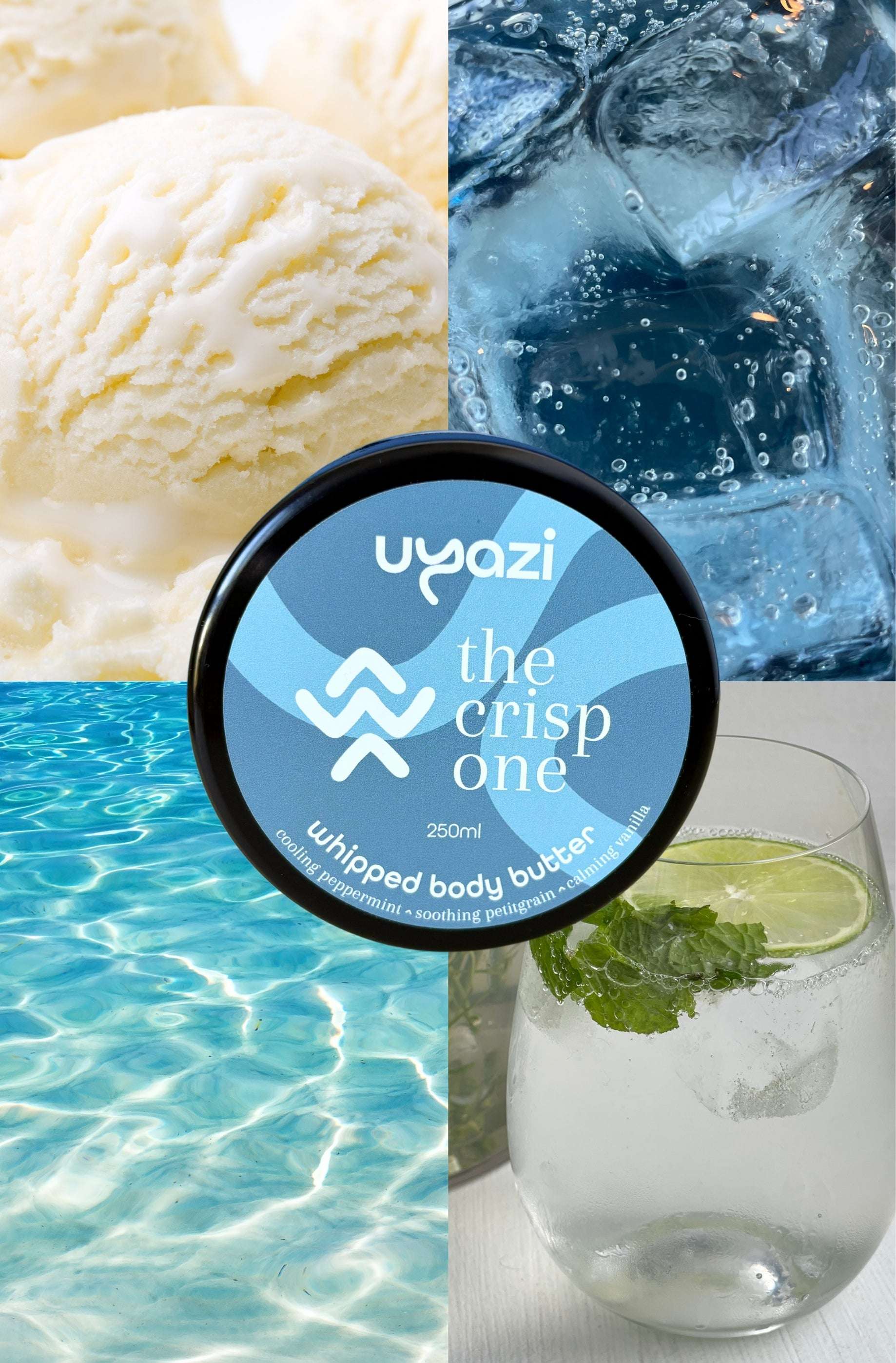 Collage of ice cream, water, and a glass of water with lime and ice, featuring Uyazi whipped body butter.