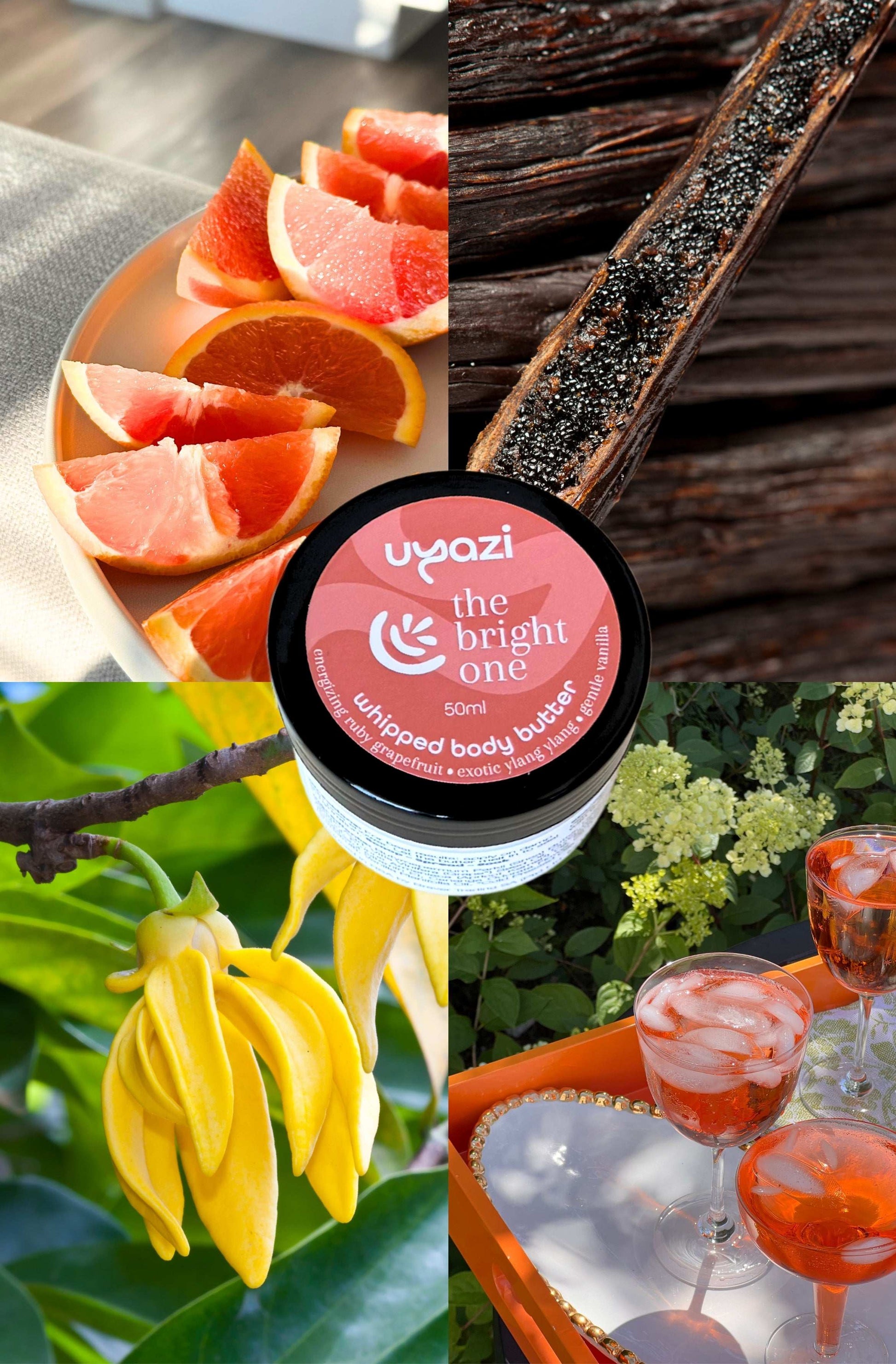 Collage of images including sliced oranges, a jar of whipped body butter, a flower, and cocktails.