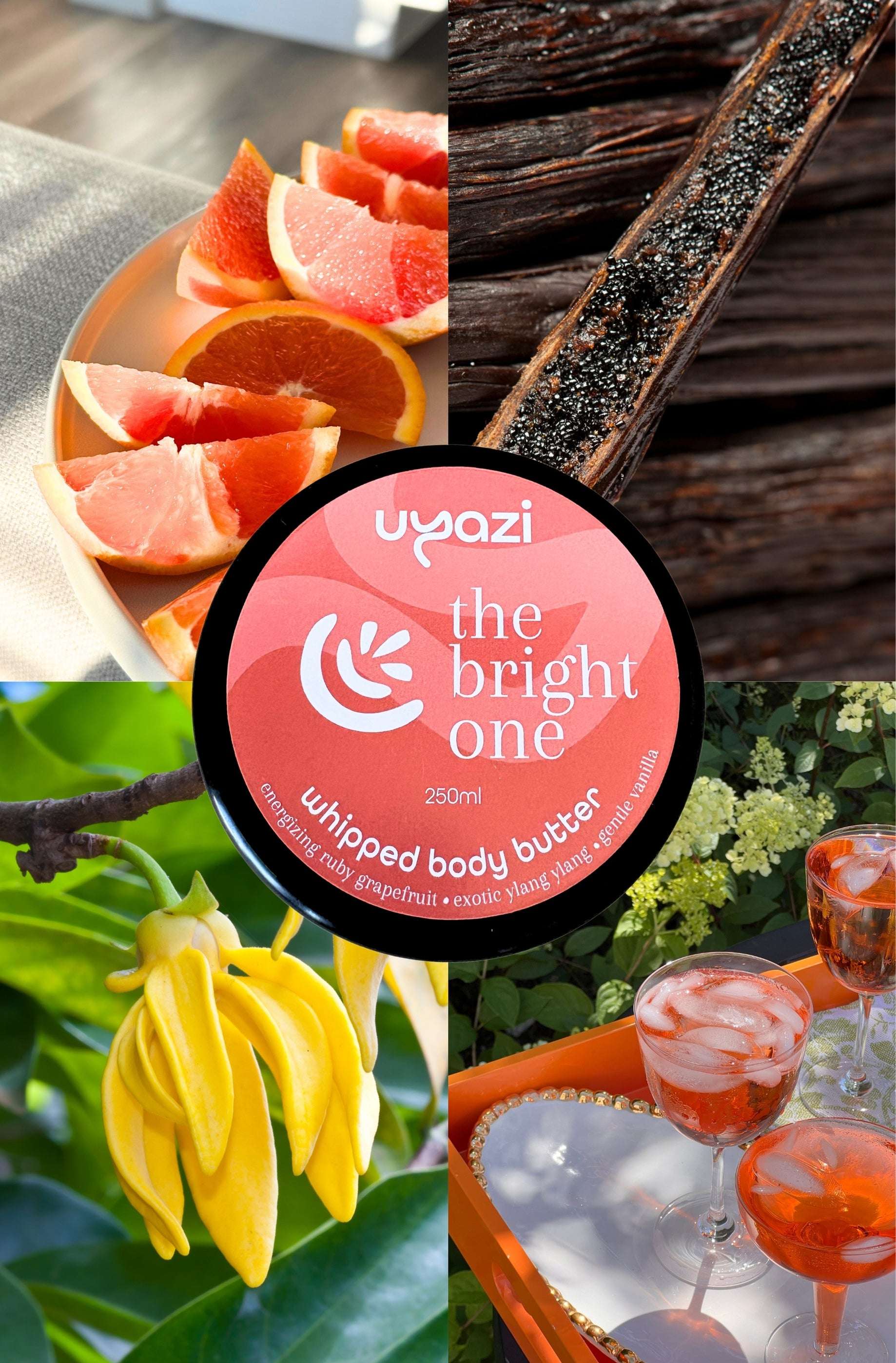 Collage of images including sliced citrus fruits, a container of Uyazi whipped body butter, and cocktails.