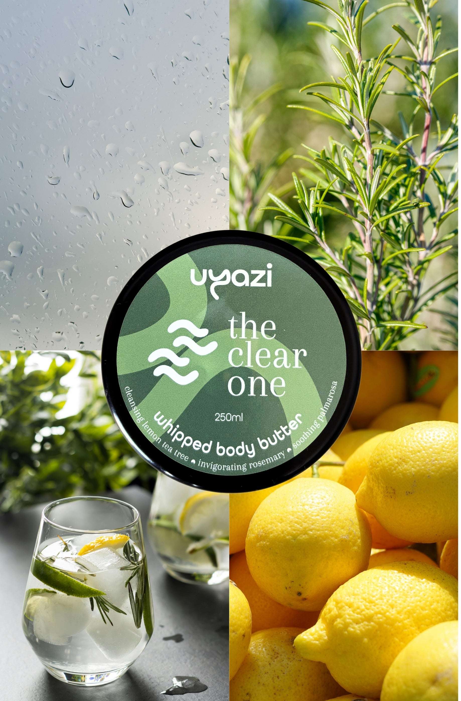 Uyazi whipped body butter container with lemon and rosemary elements
