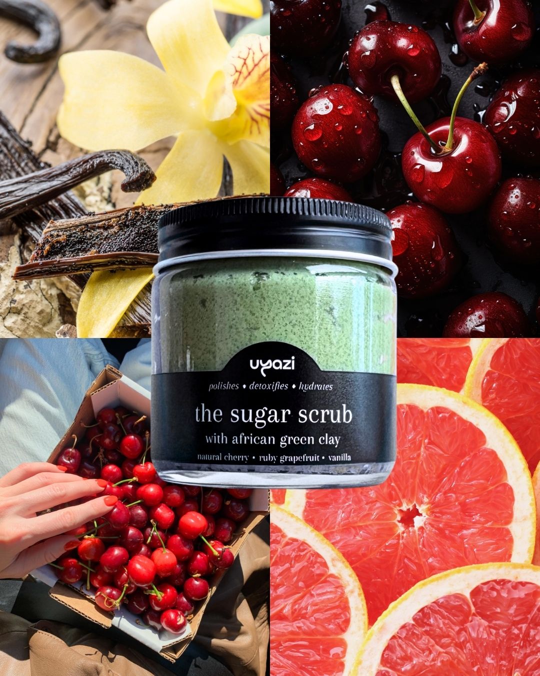 Collage of a jar of 'the sugar scrub' with African green clay, cherries, vanilla beans, and grapefruit slices.