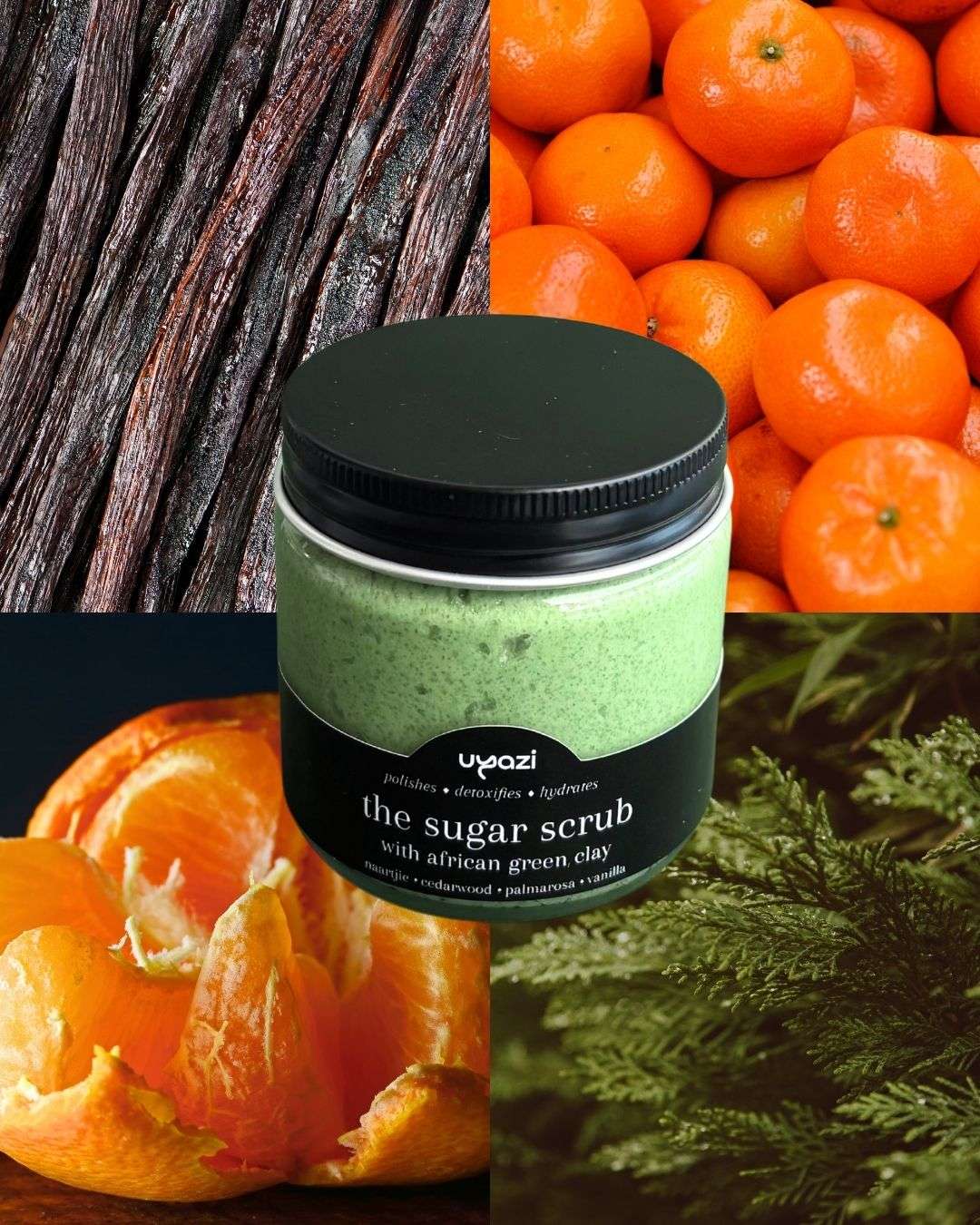 Jar of sugar scrub with African green clay surrounded by tangerines and green leaves