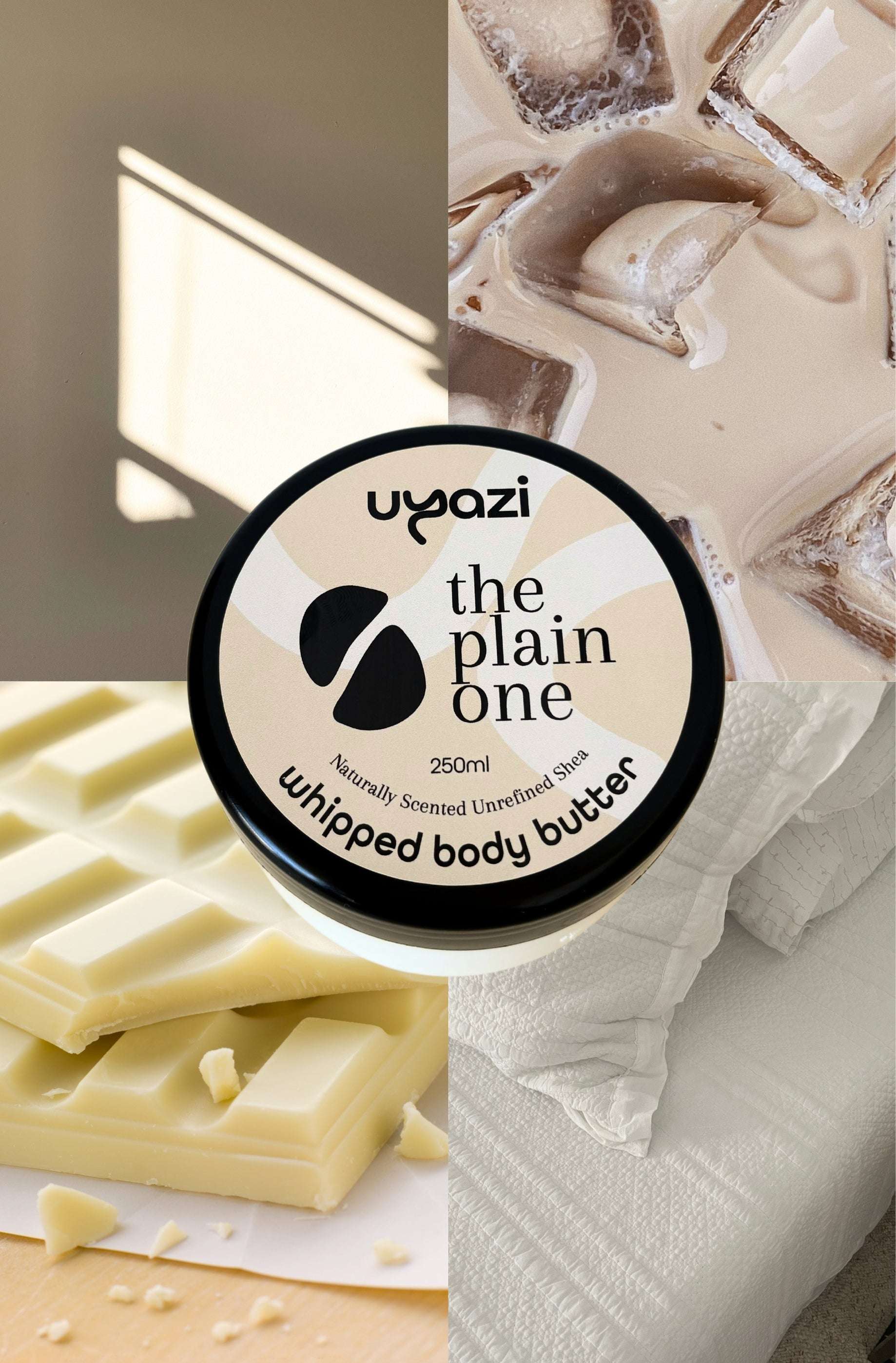 A naturally scented Whipped Body Butter in a 250ml jar set on a collage background showing white chocolate and soothing warm colours to accentuate the warm scent of this whip