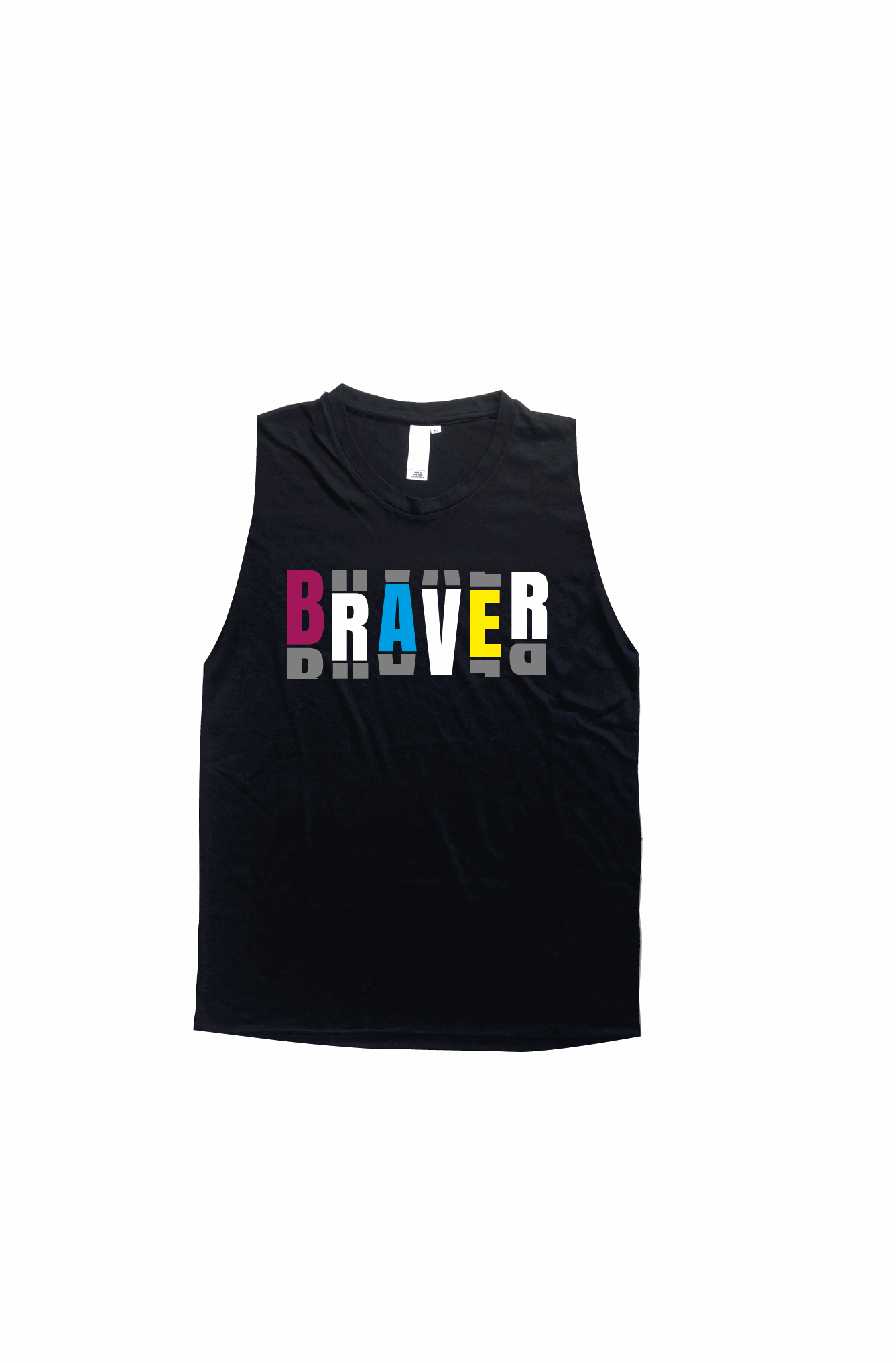 Black tank top with the word BRAVER on the chest in a variety of colours
