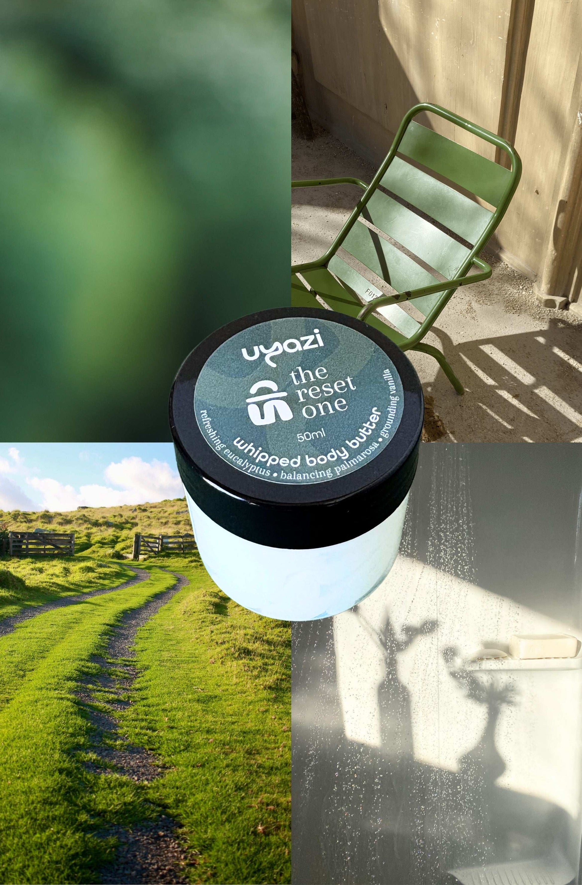 Collage of a whipped body butter jar labeled 'the reset one' with outdoor scenes.