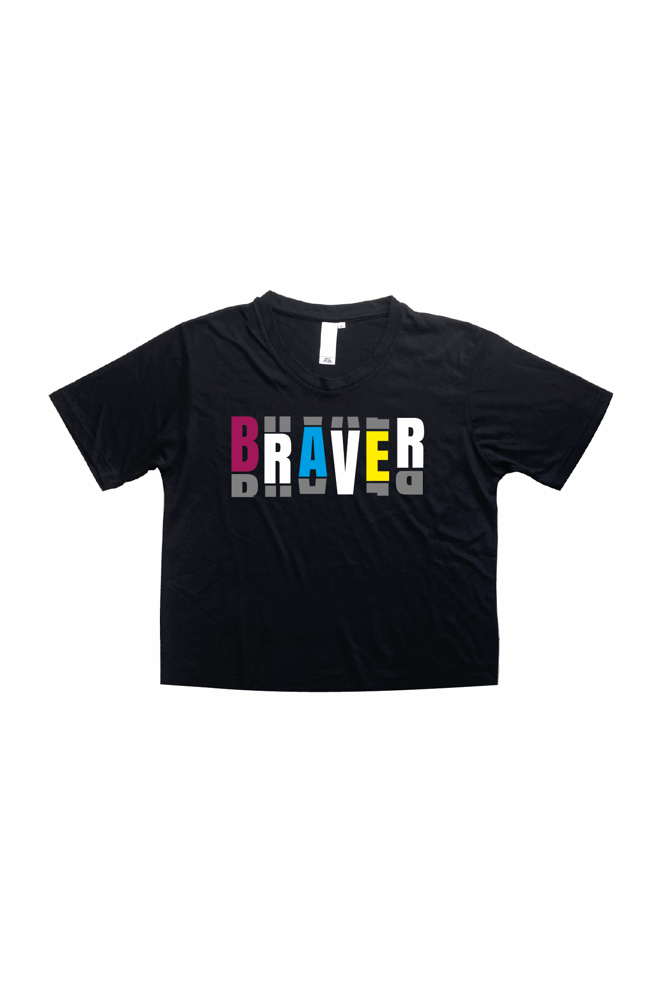 Black crop top with typographic elements in different colours