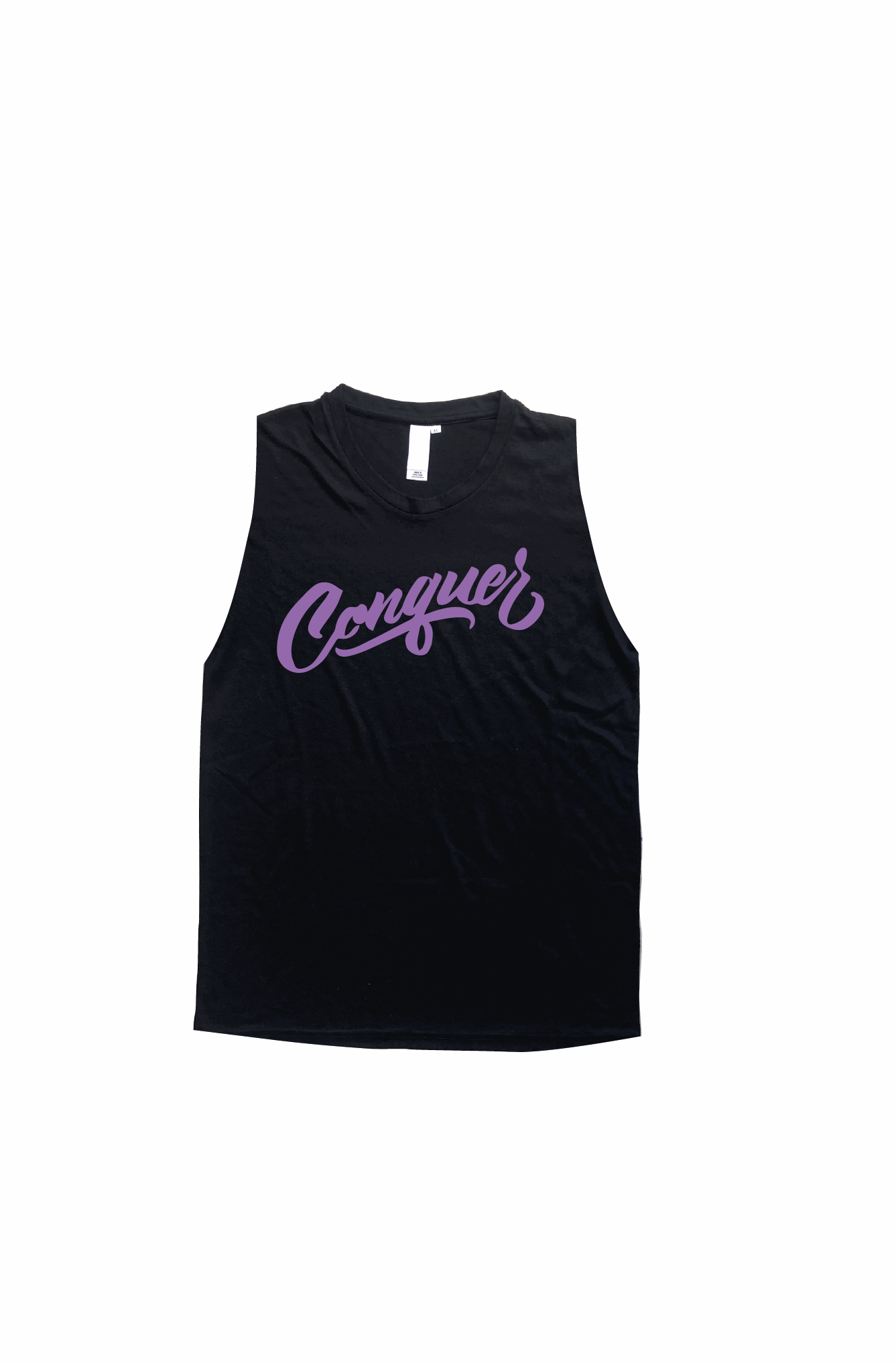 Black tank top with the word Conquer printed on the chest in lilac