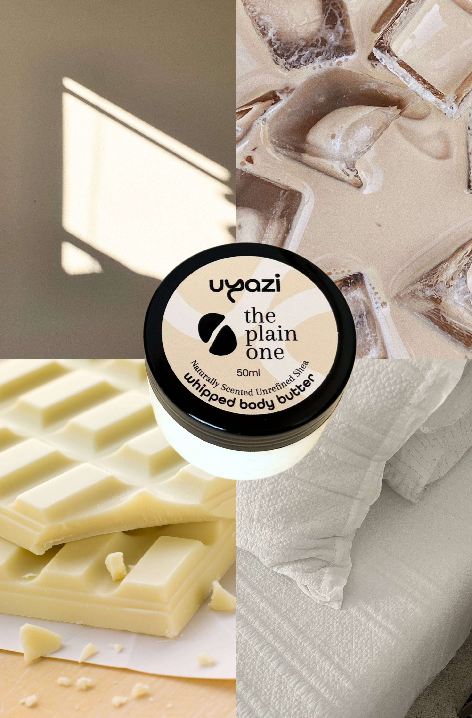 Uyazi naturally scented whipped body butter with white chocolate bars and a towel in the background