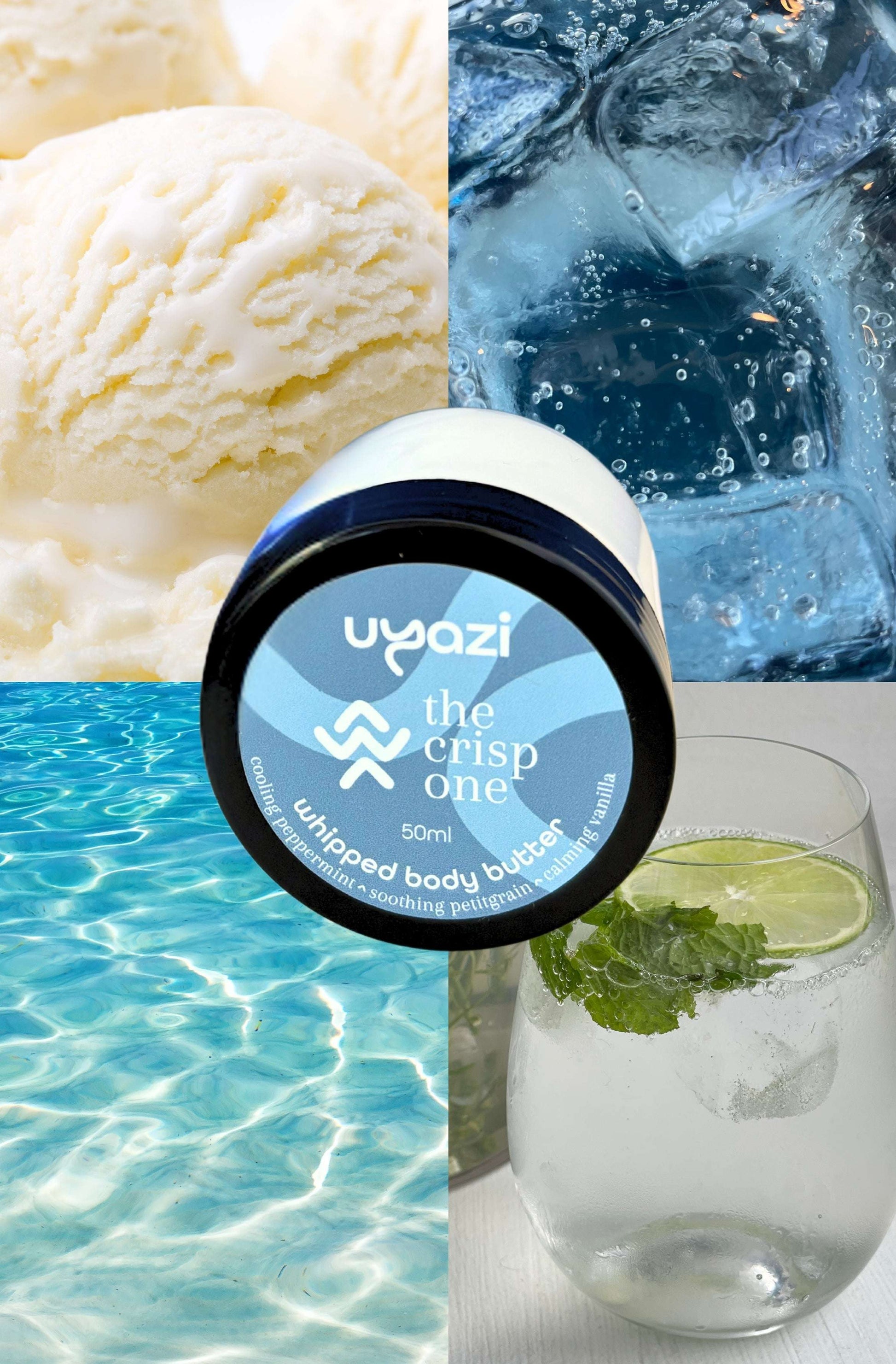 Collage of ice cream, water, and a drink with a Uyazi whipped body butter container in the center.