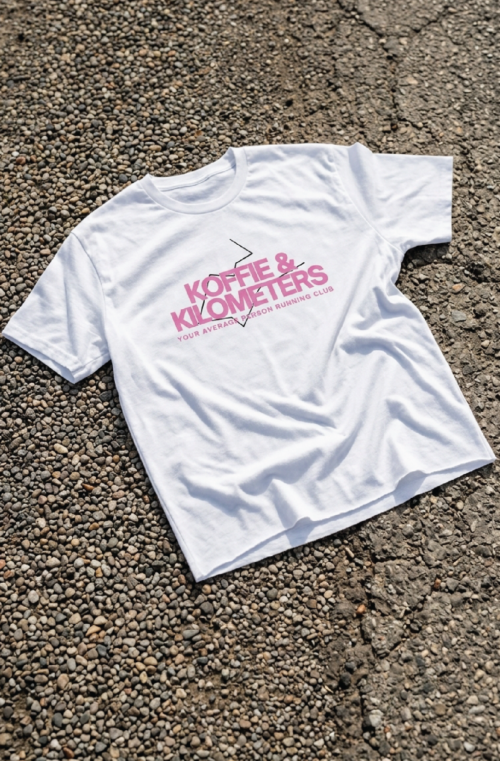 Running Club White t-shirt with pink text on a textured surface