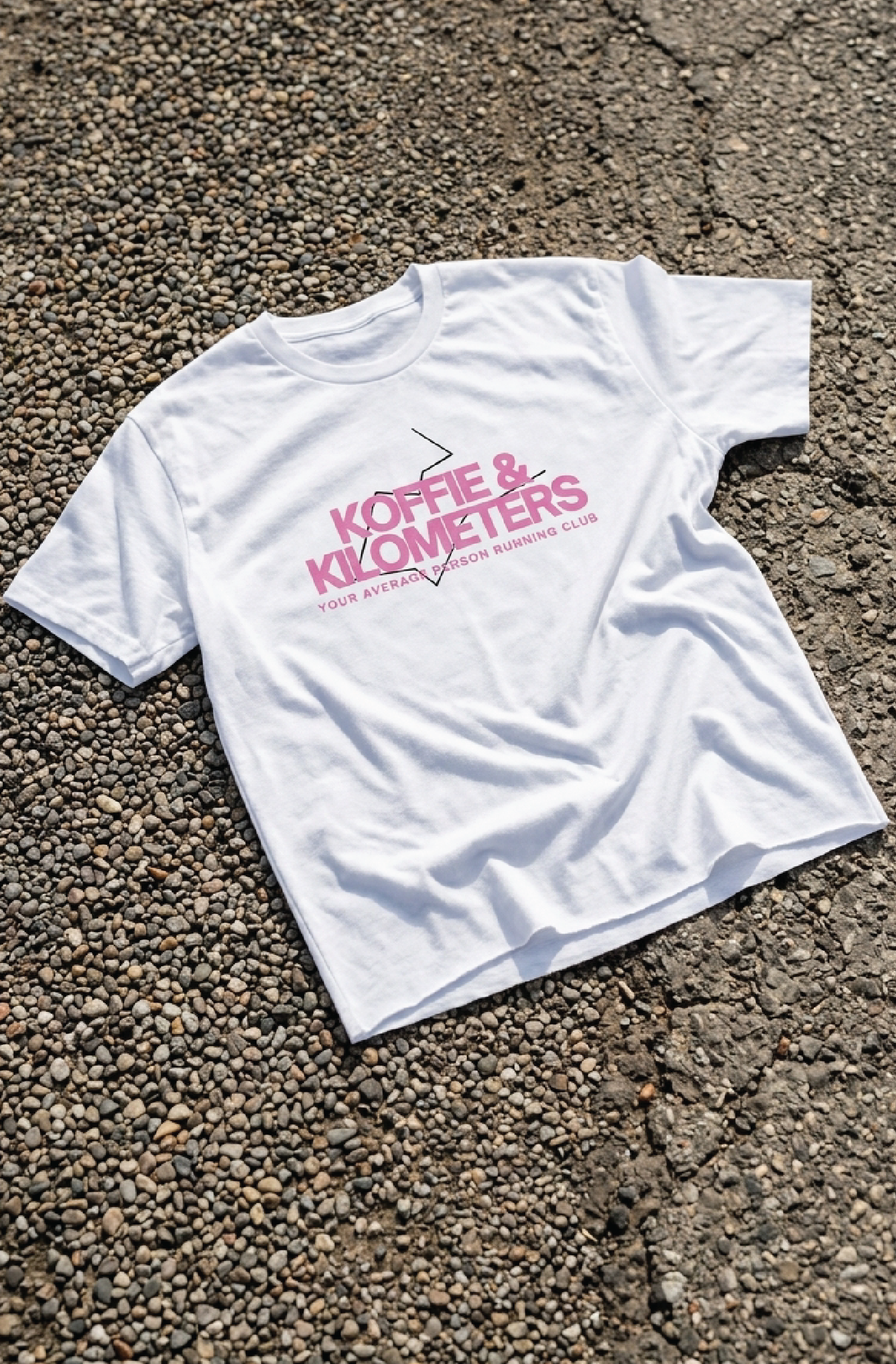 Running Club White t-shirt with pink text on a textured surface