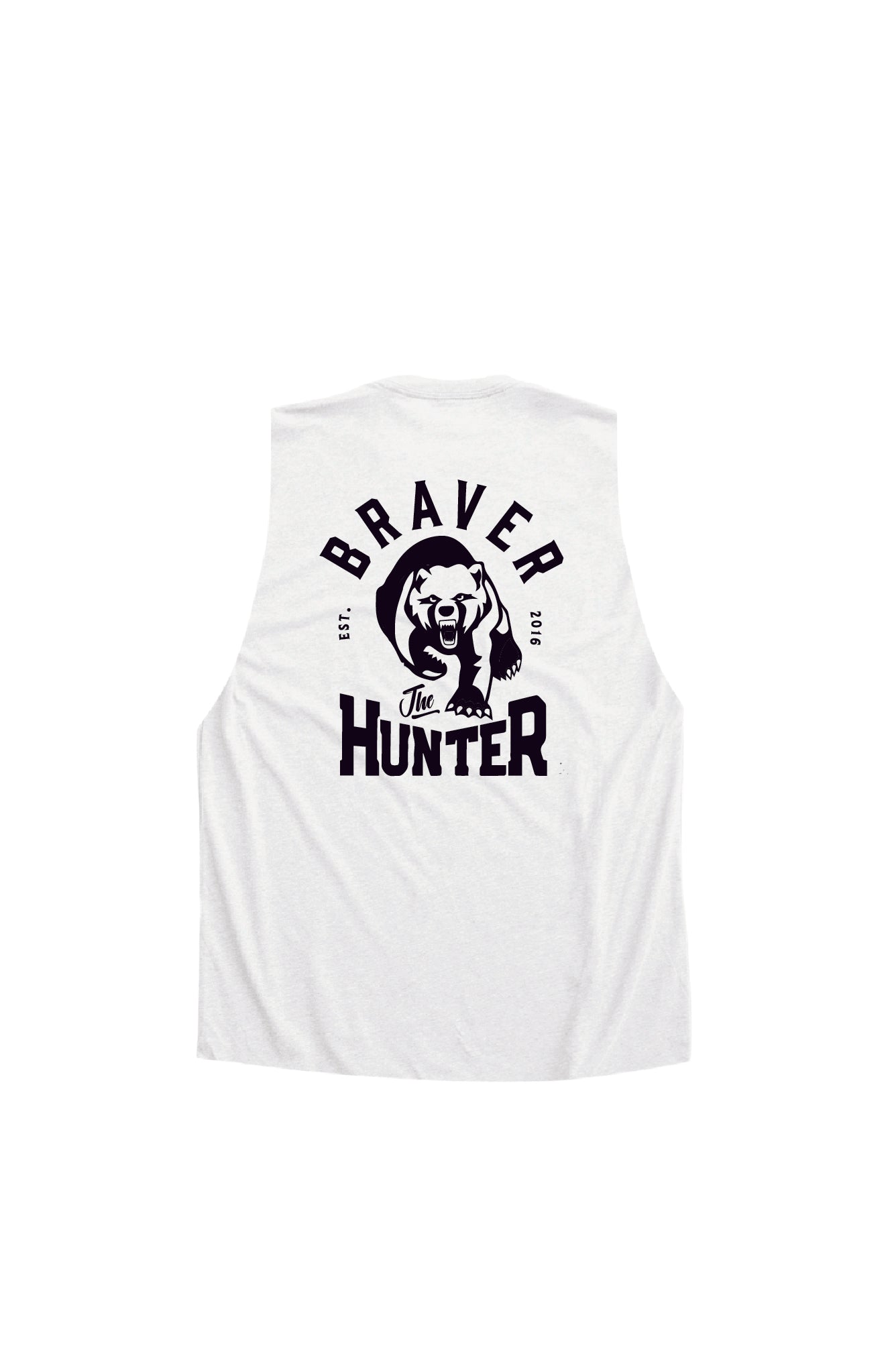 White tank top with black graphic and text on a white background