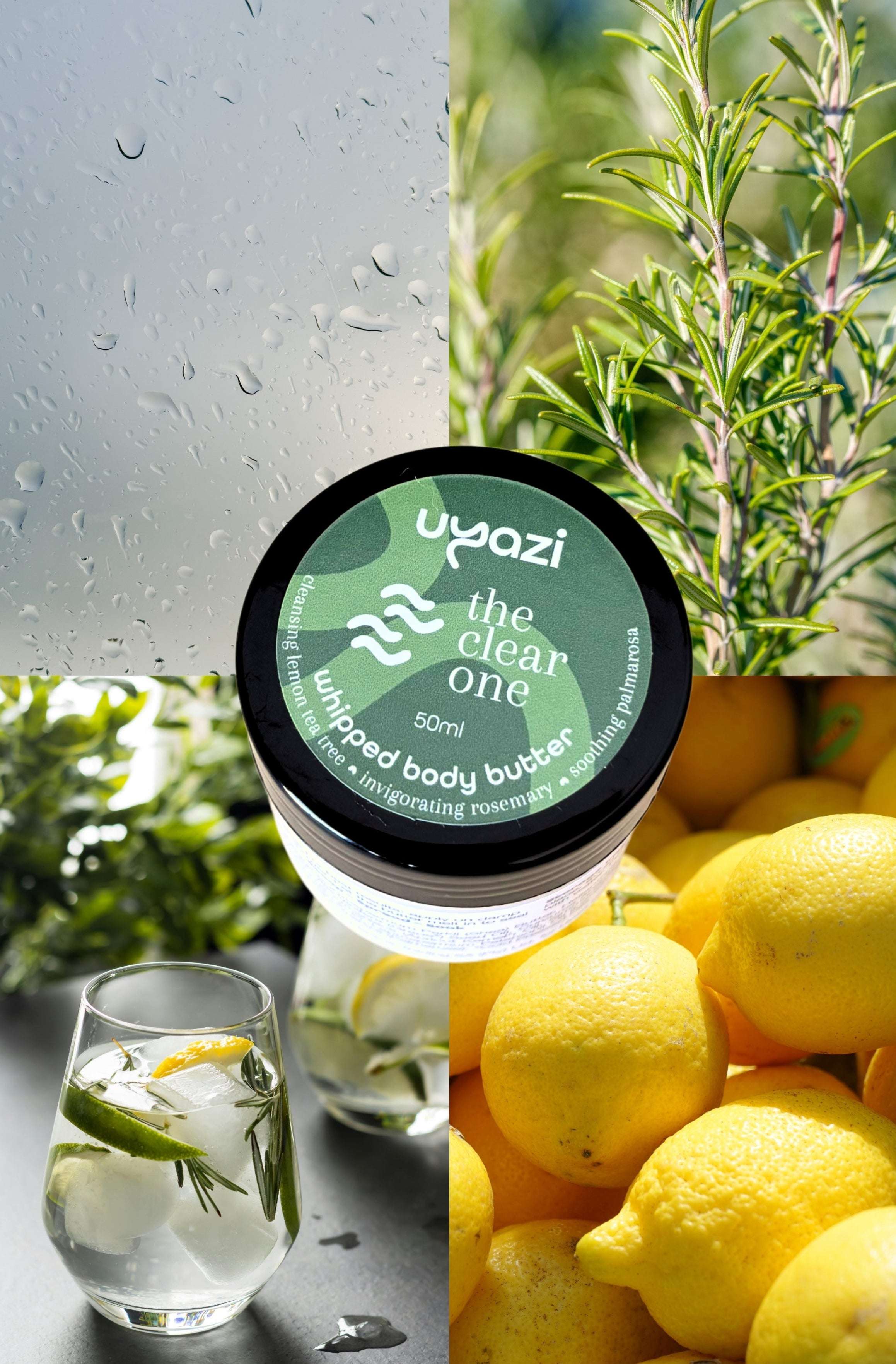 Uyazi whipped body butter jar surrounded by lemons, water, and herbs