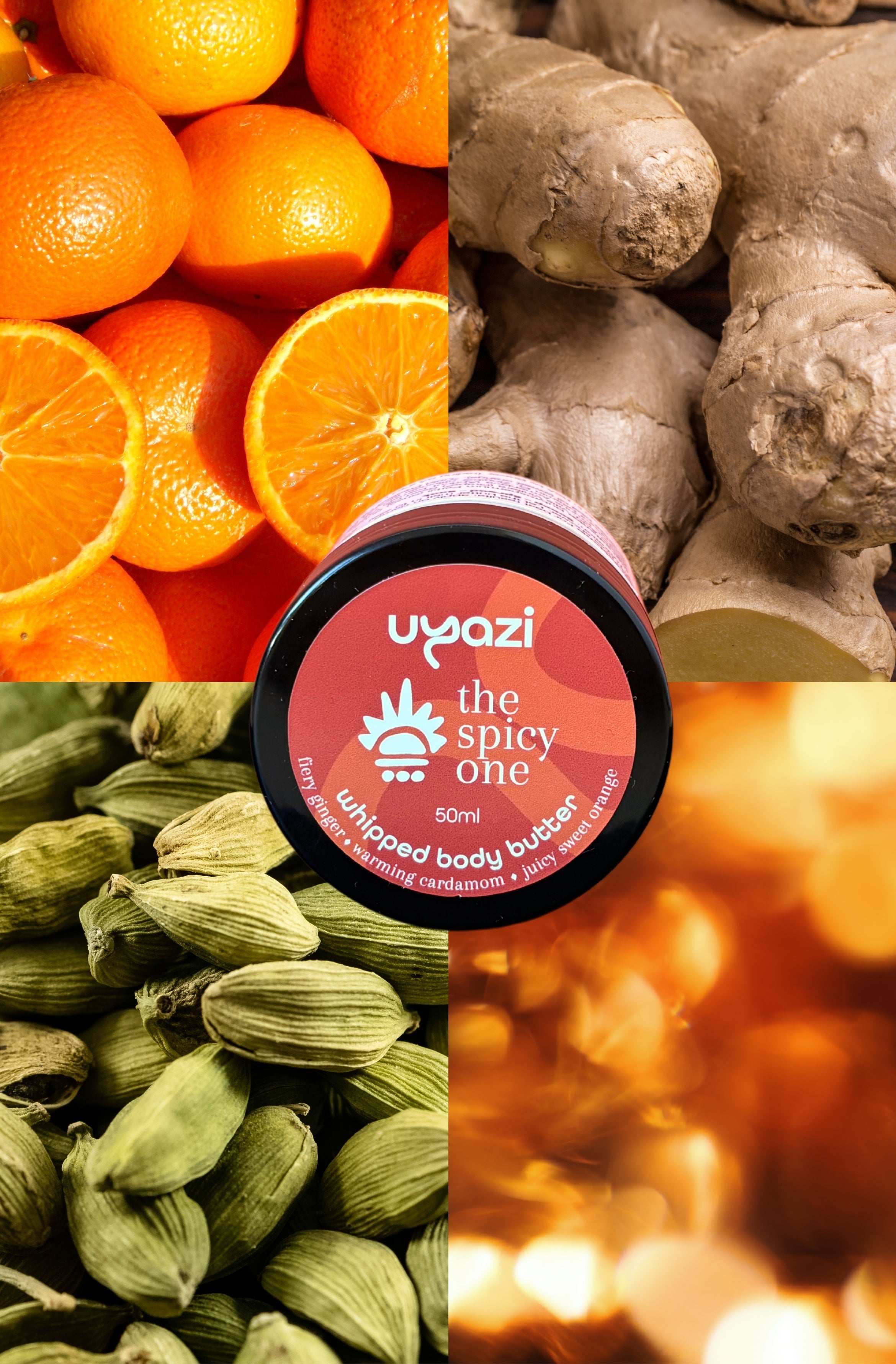Collage of oranges, ginger, cardamom pods, and a container labeled 'Uyazi the spicy one' with blurred lights.