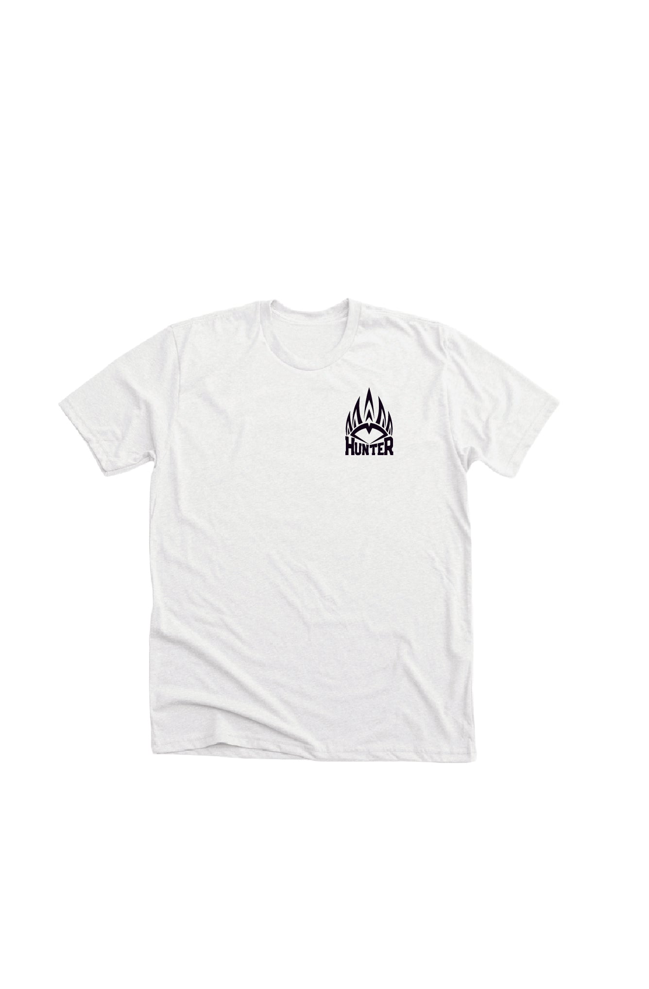 White t-shirt with black logo on a white background