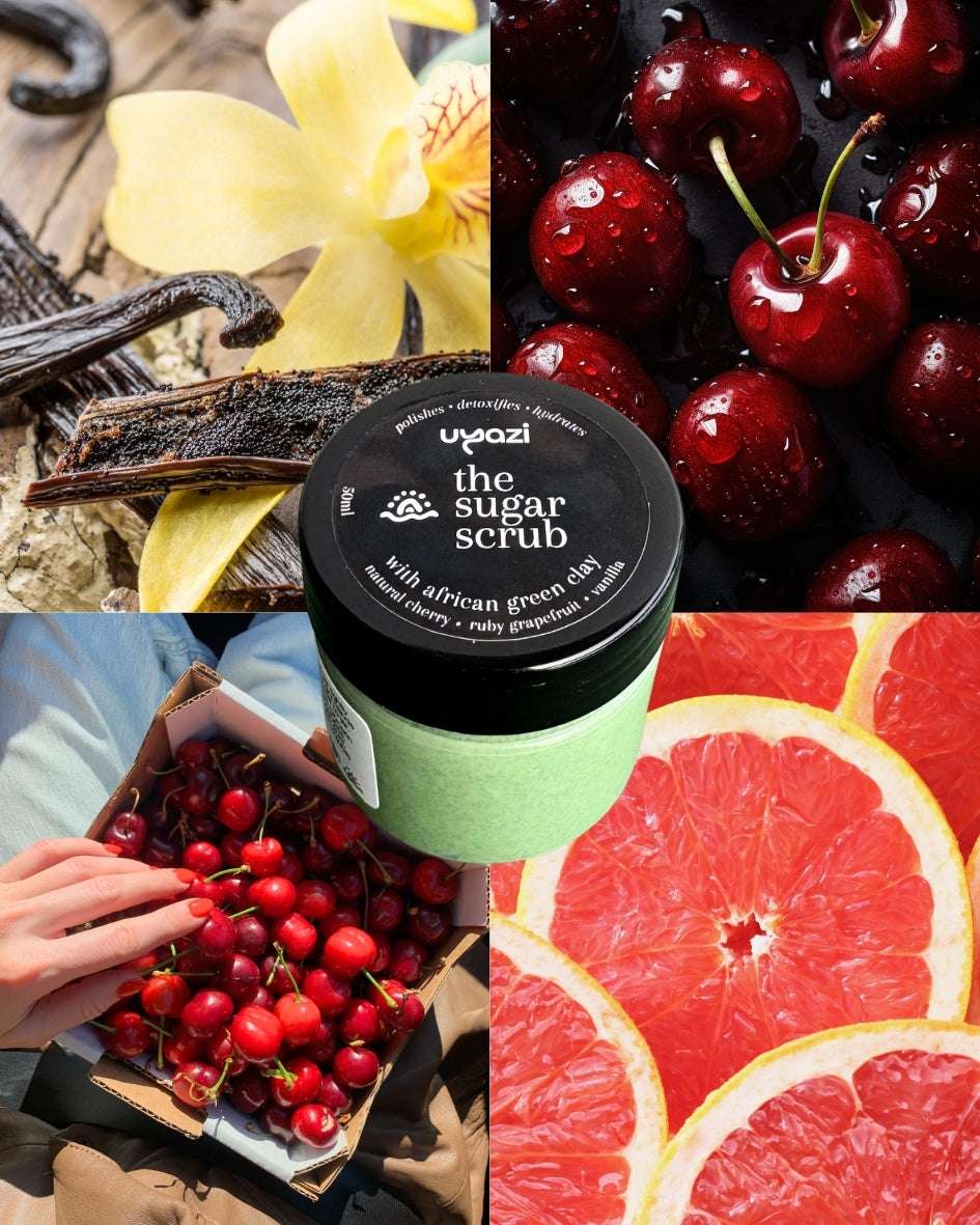 Collage of a jar of 'the sugar scrub' with cherries, vanilla beans, and grapefruit slices.