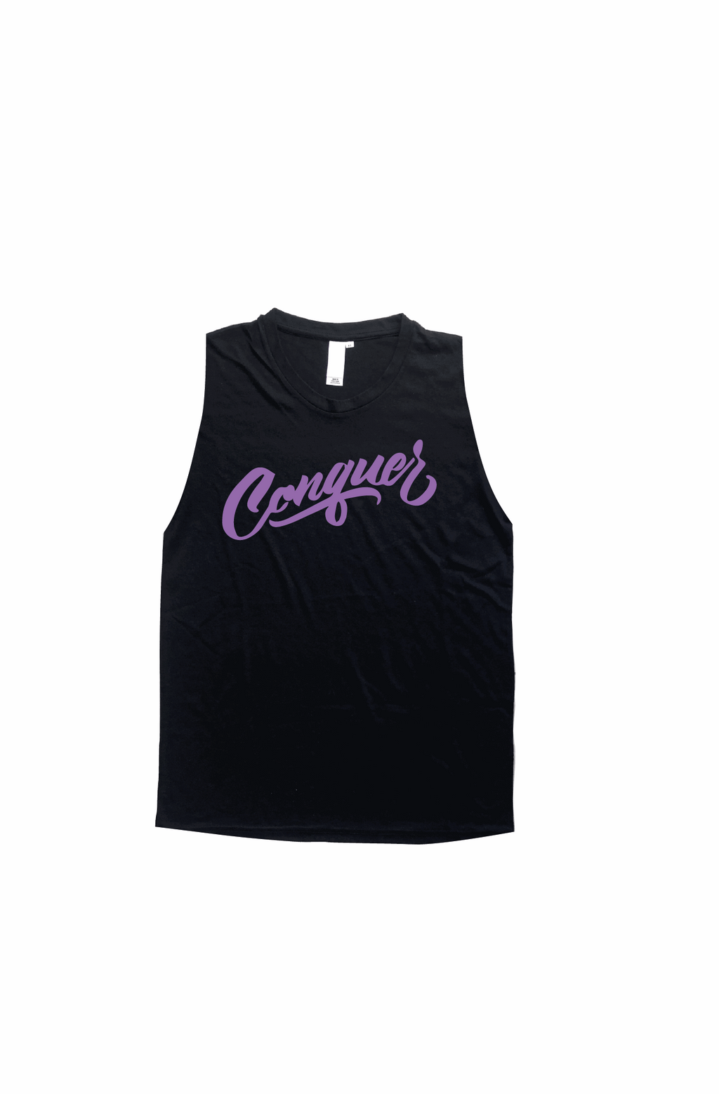 Black tank top with the word Conquer printed on the chest in lilac