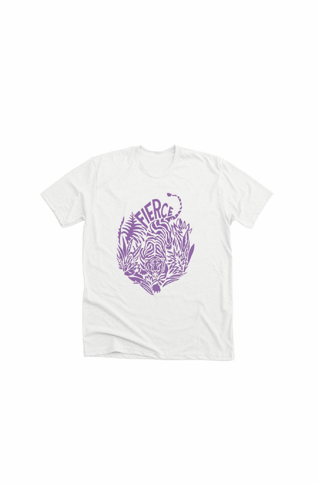White unisex 100% cotton tshirt with illustration of a tiger in color purple